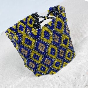 Wide Southwestern Seed Bead Cuff Bracelet Blue Yellow Black Brown Handmade 7.25"